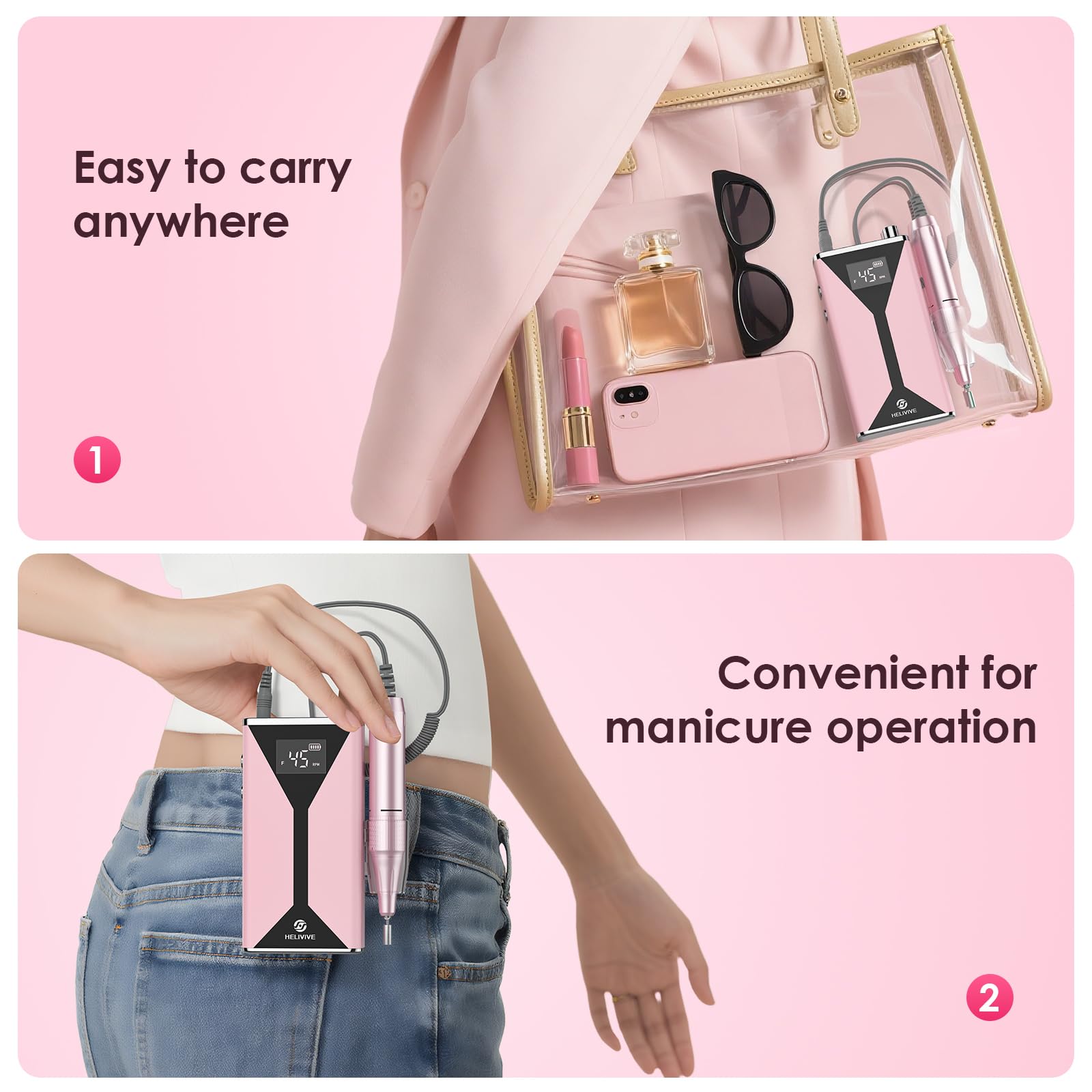 Side profile of Helivive rechargeable nail drill with belt clip