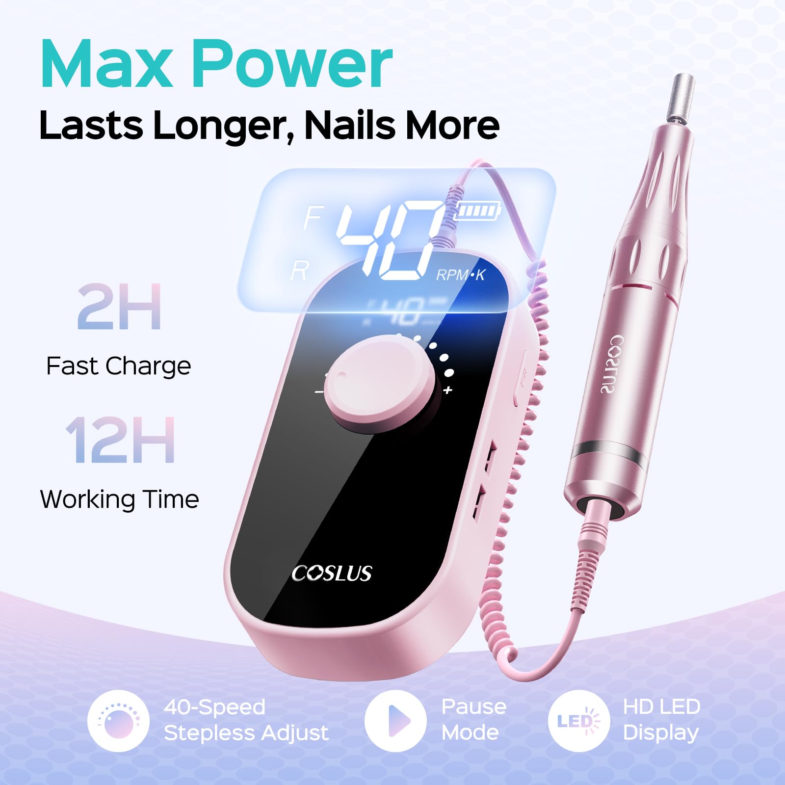 COSLUS pink electronic manicure machine showing the back clip attached to a waistband for cordless portability