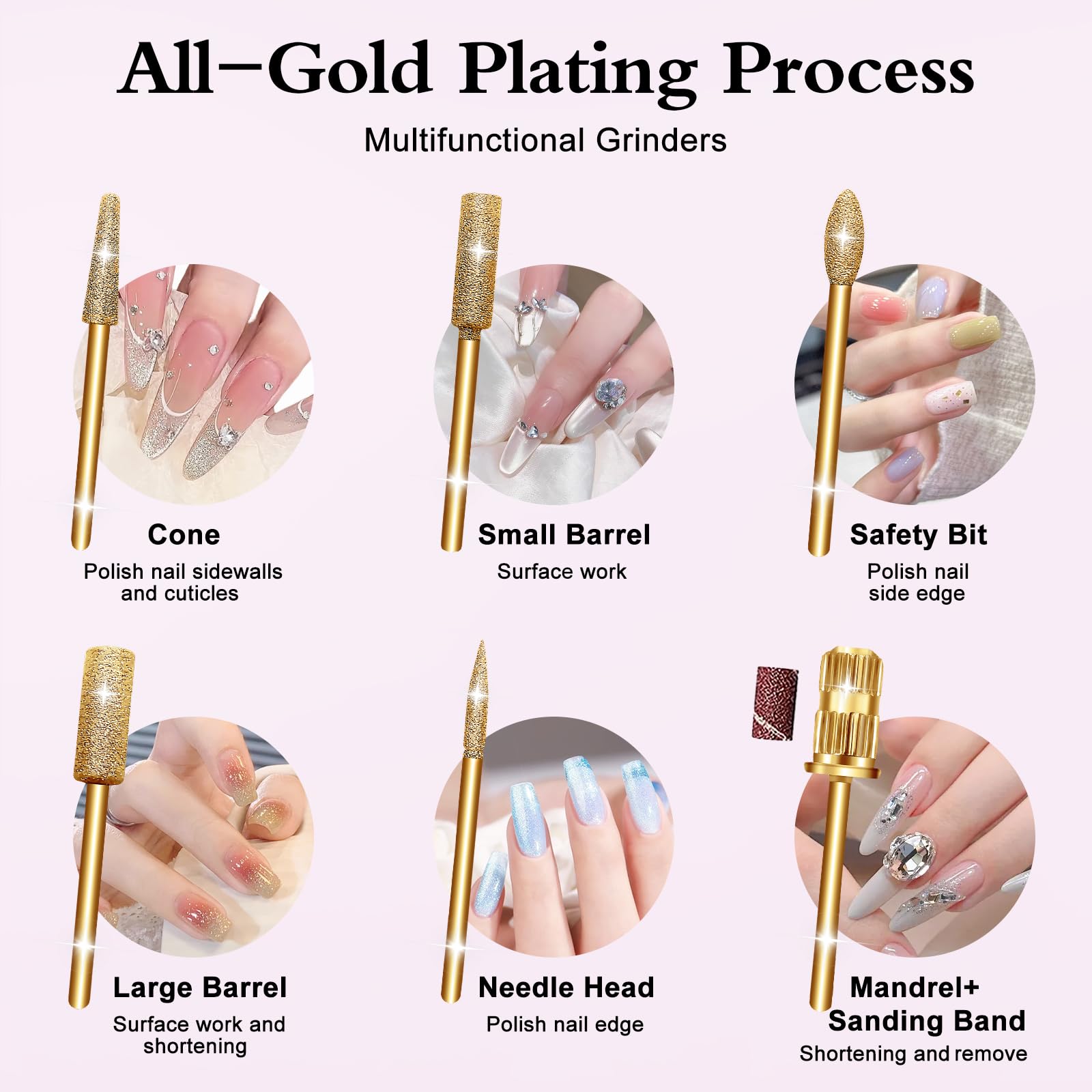 Close up view of the Alety professional nail drill kit sanding bands and gold bits pack