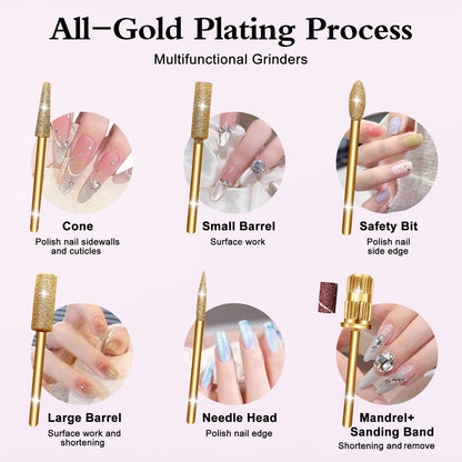 Close up view of the Alety professional nail drill kit sanding bands and gold bits pack