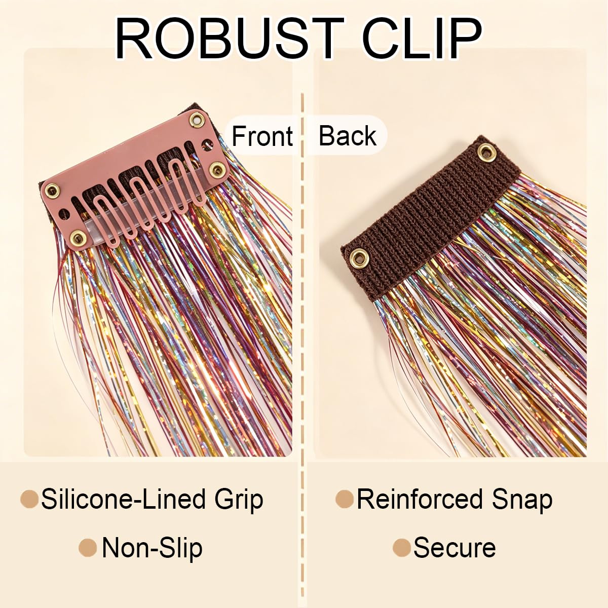 Close up of eighty strands per piece polyester fiber hair tinsel highlighting the blue sparkle