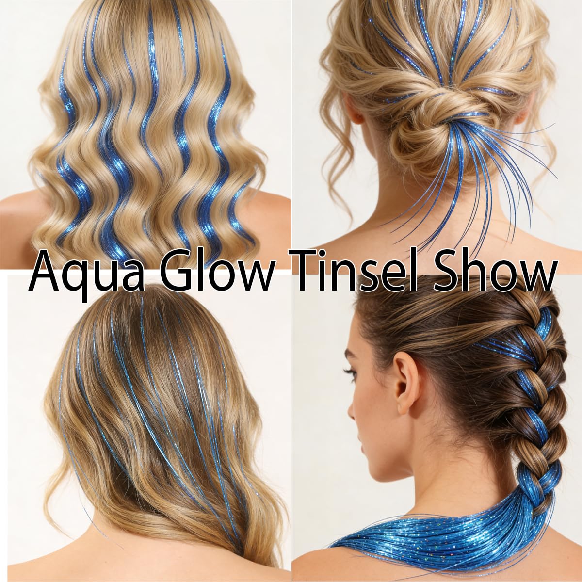 Heat resistant blue glitter tinsel being styled safely with a hair curling iron