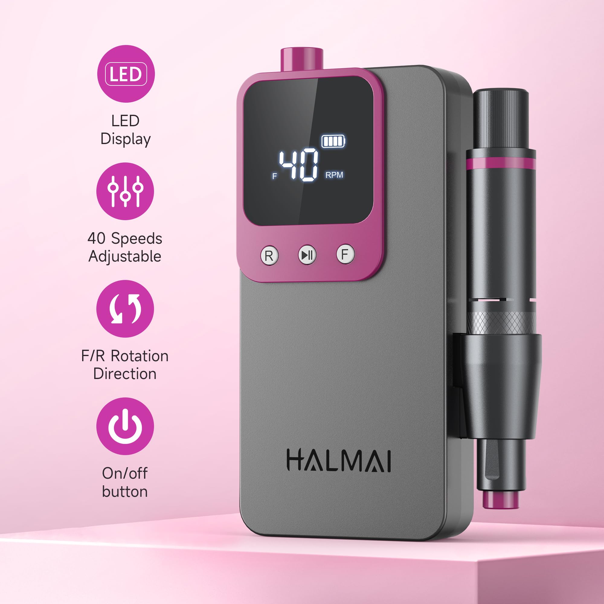 Side profile of the portable nail file machine displaying the rotational speed adjustment dial
