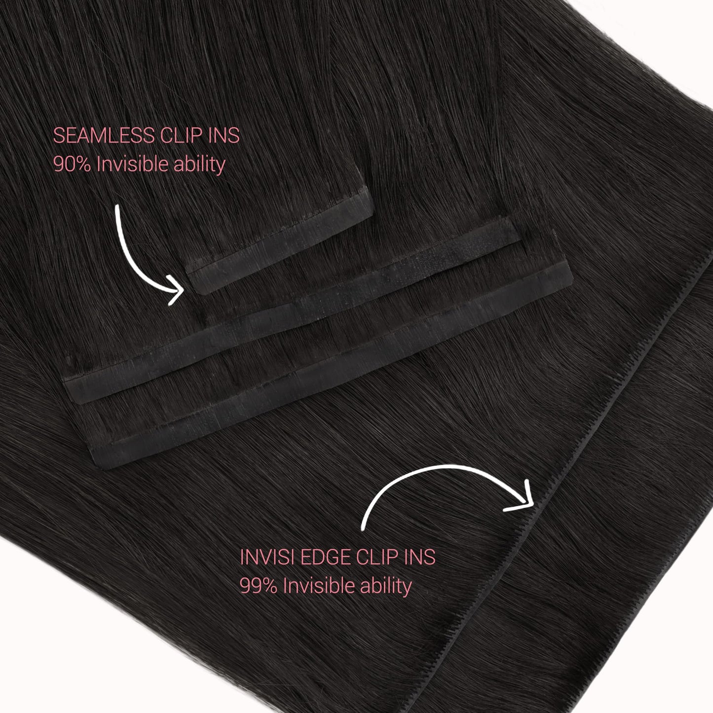 GOO GOO natural black hair extension piece demonstrating the ultra flat injected root technology
