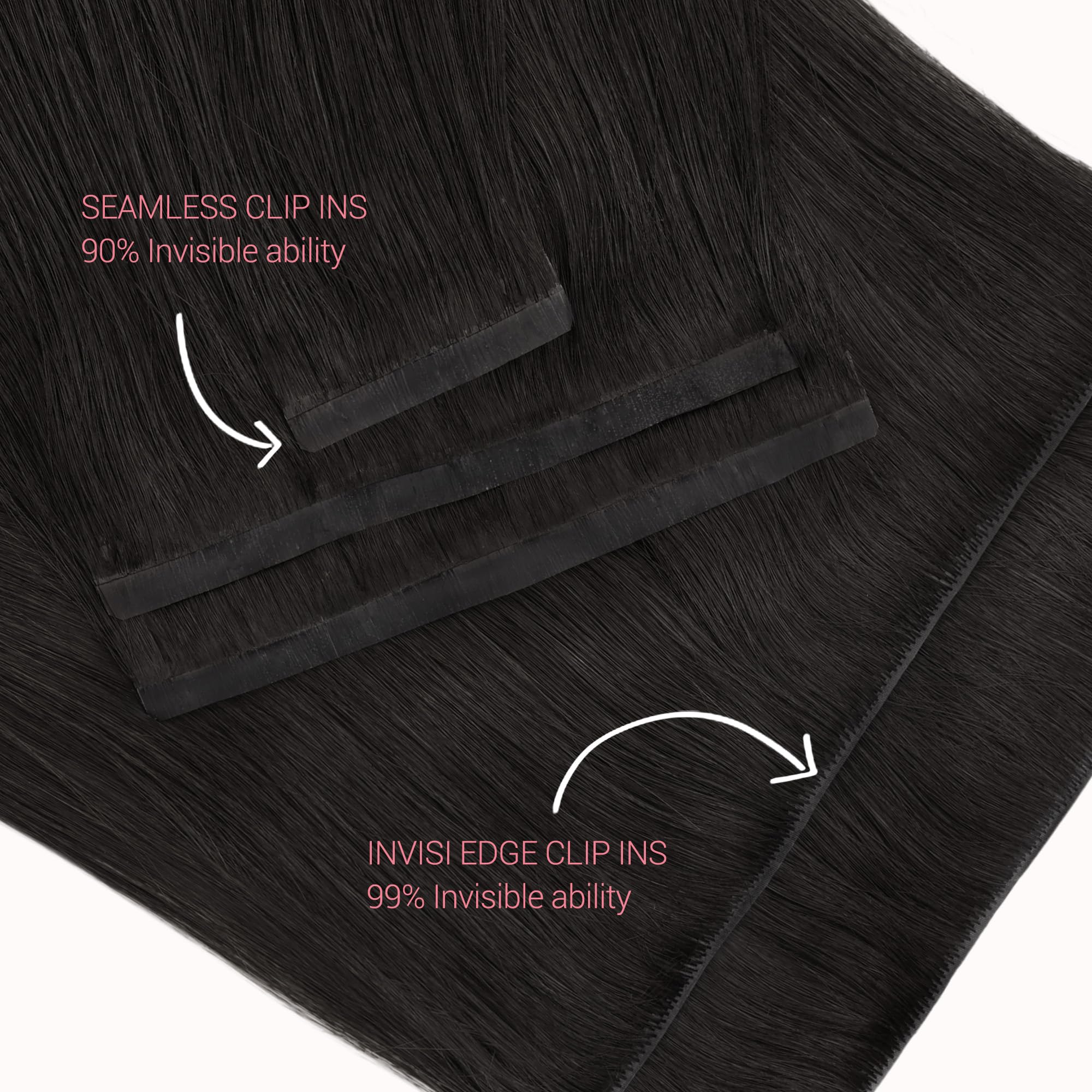 GOO GOO natural black hair extension piece demonstrating the ultra flat injected root technology