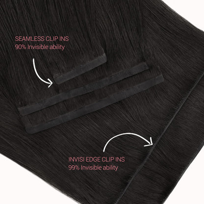GOO GOO natural black hair extension piece demonstrating the ultra flat injected root technology