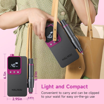 Digital screen closeup on the rechargeable nail drill displaying battery percentage and rotation direction