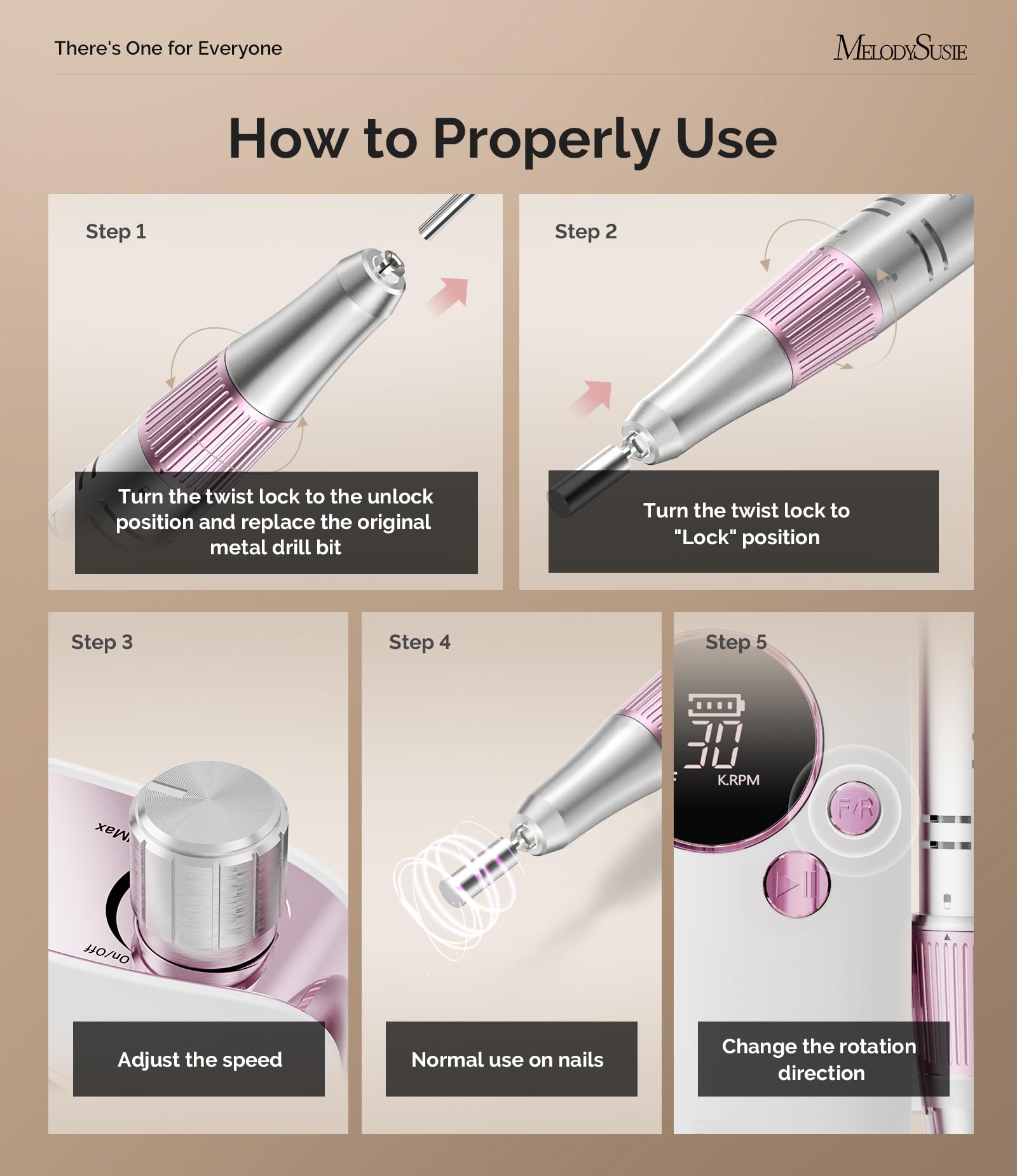 MelodySusie portable nail drill machine demonstrating the integrated belt clip functionality for hands-free salon training
