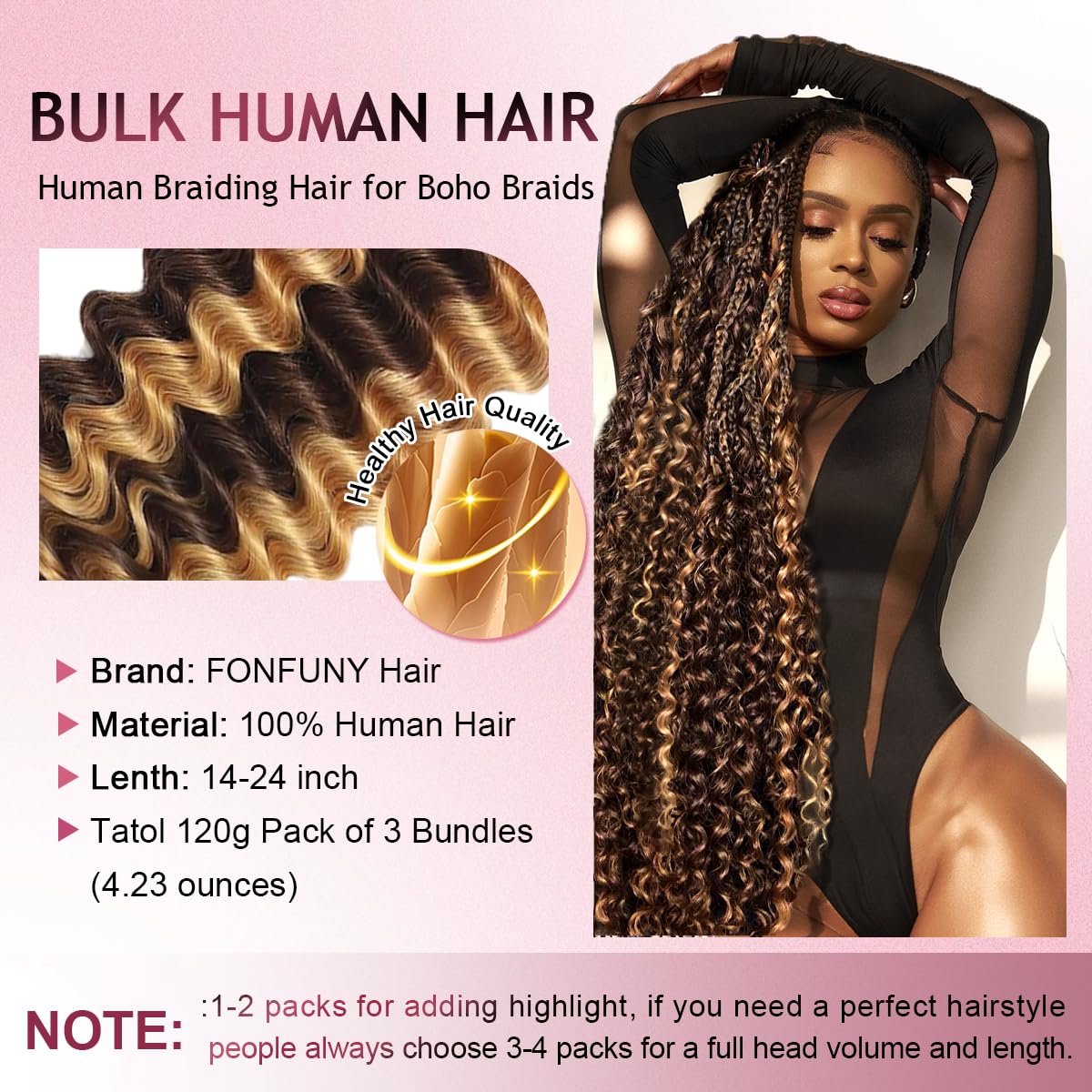 Three bundles of Motfin 20 inch human hair for bohemian knotless braids.