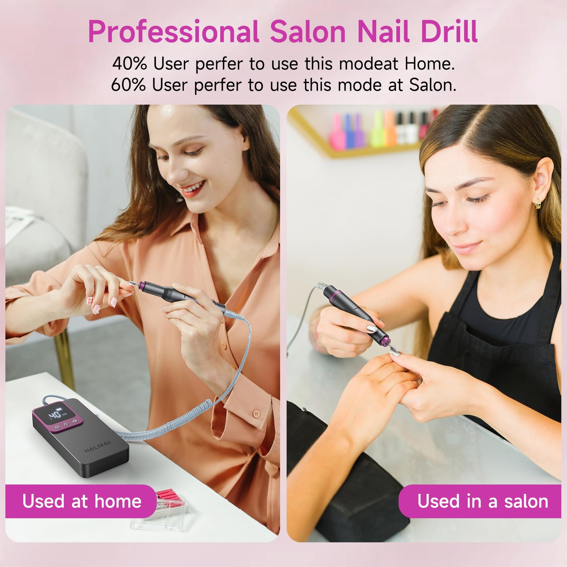 Halmai dark grey electric nail file handpiece being held to demonstrate ergonomic grip