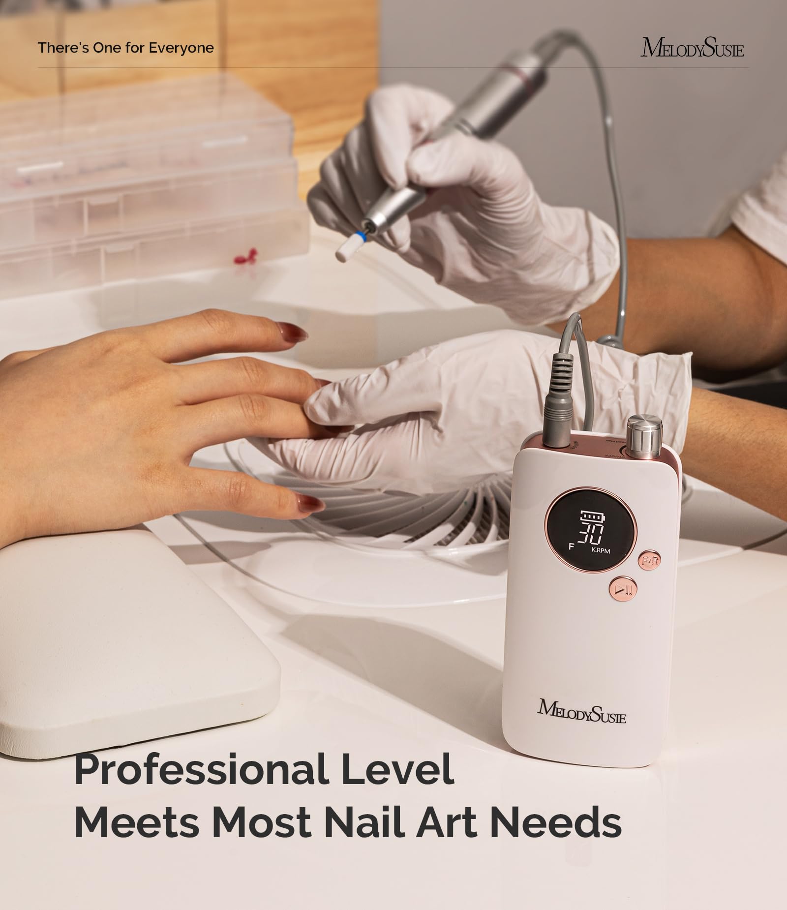 Ergonomic aluminum handpiece of the MelodySusie rechargeable nail drill highlighting the upgraded anti-overheating ventilation slots