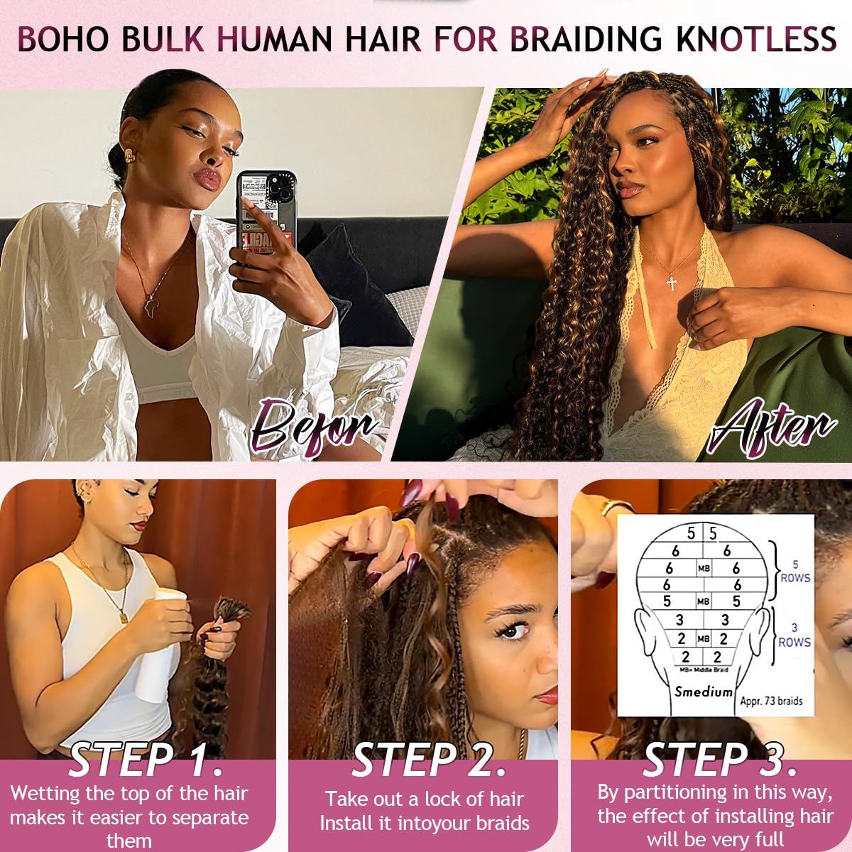 Motfin deep water wave bulk hair strands demonstrating natural texture and sheen.