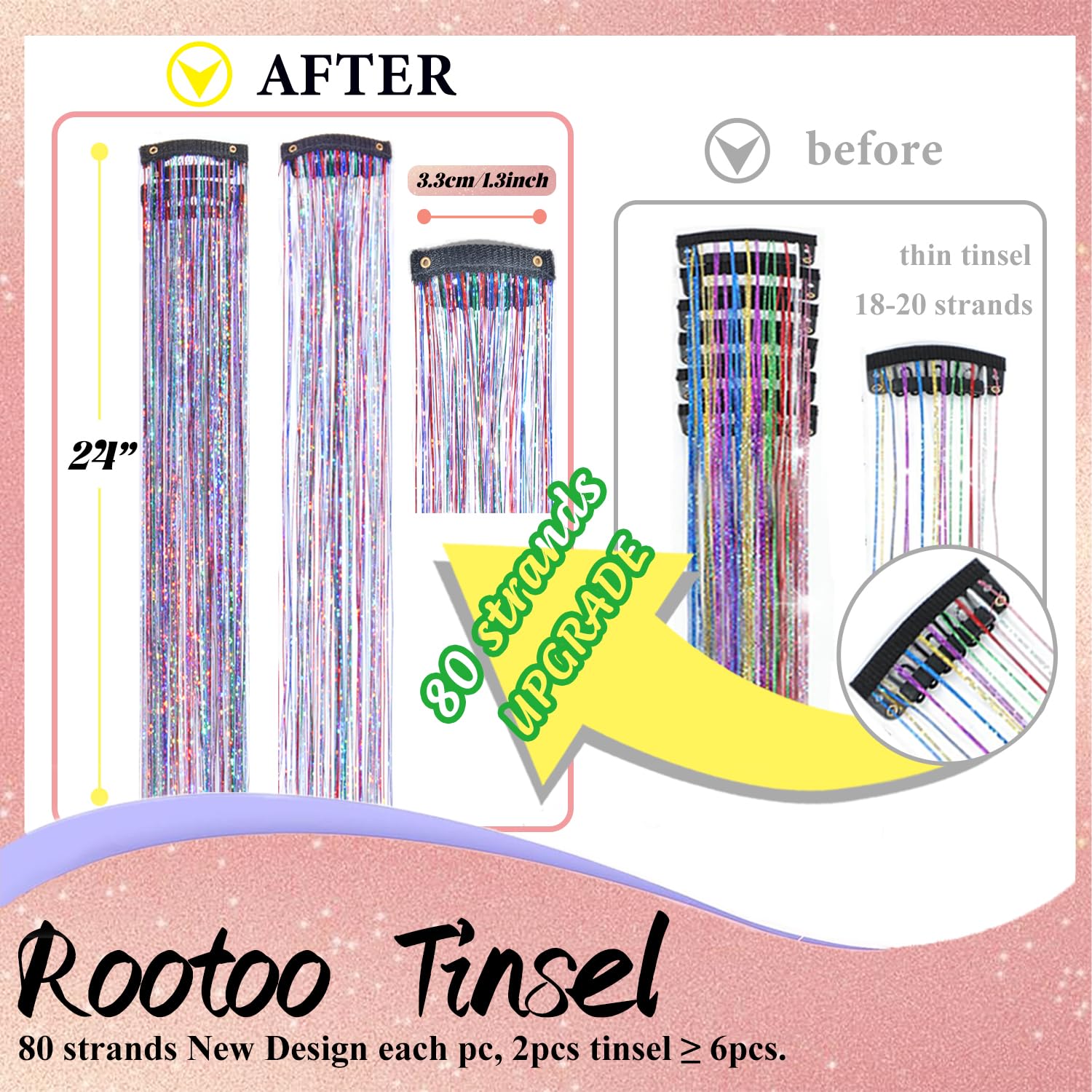 Close up view of the holographic rainbow colored tinsel strands attached to small secure snap clips.