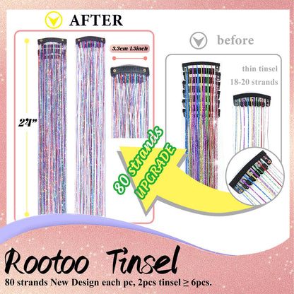 Close up view of the holographic rainbow colored tinsel strands attached to small secure snap clips.