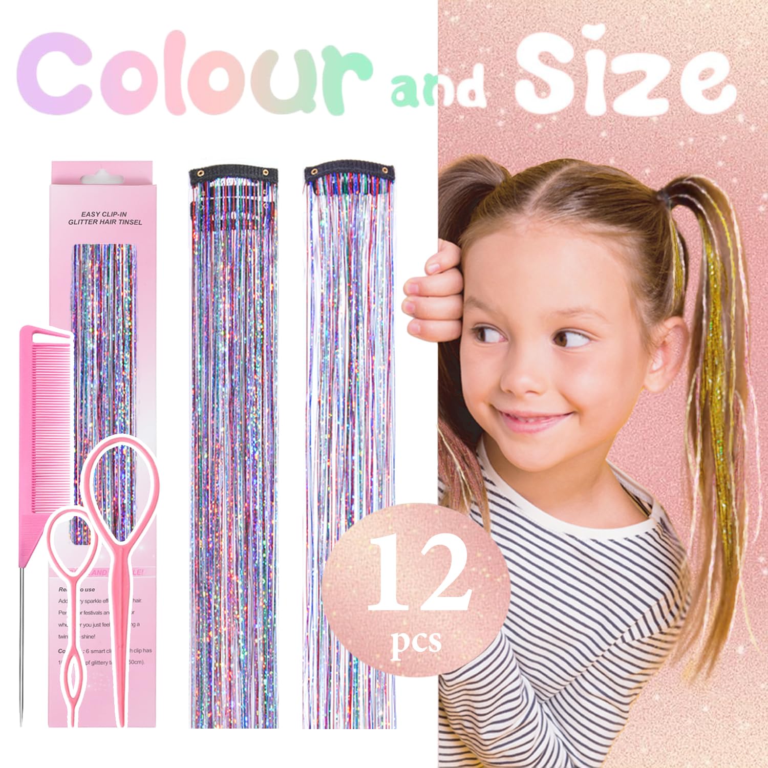 Model showcasing the multi colored fairy hair tinsel seamlessly blended into long dark hair.
