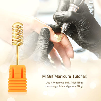 Universal three-thirty-seconds inch shank design on premium gold tungsten carbide e-file bits