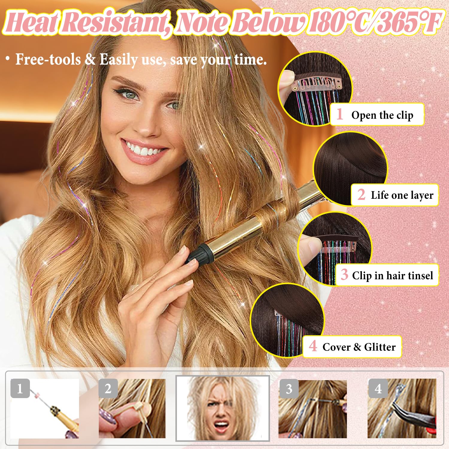 Demonstration of the three second application process inserting the lightweight metal clip underneath natural hair.
