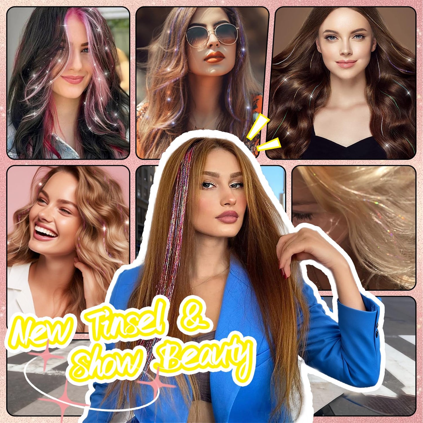there are twelve pieces of twenty-four inch heat resistant glitter extensions spread out to display color variations.