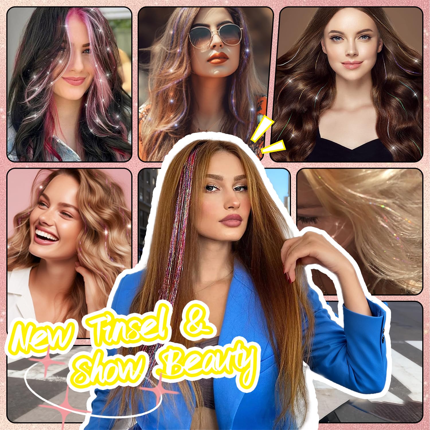 there are twelve pieces of twenty-four inch heat resistant glitter extensions spread out to display color variations.