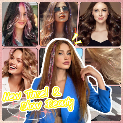 there are twelve pieces of twenty-four inch heat resistant glitter extensions spread out to display color variations.