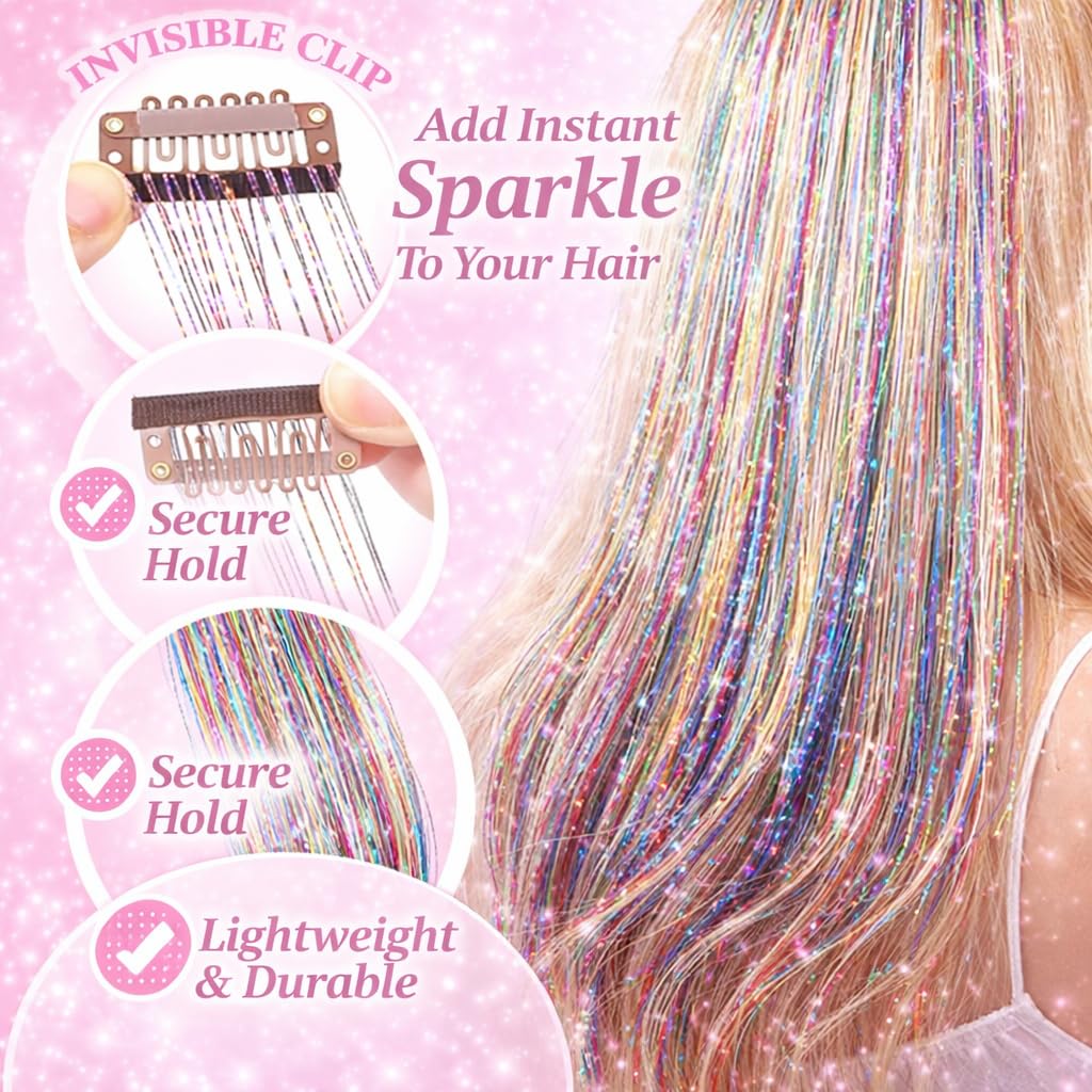 Close up of pink and multicolor glitter fairy hair extensions with integrated metal clips
