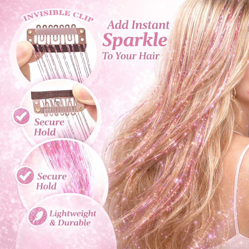 Side view of twenty two inch long straight heat resistant tinsel strands for girls