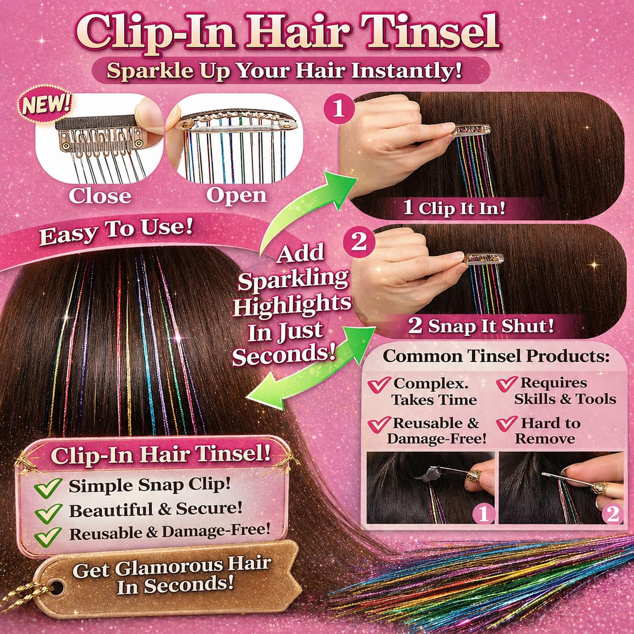 Demonstration of the easy clip in mechanism on the premium polyester fiber tinsel strand