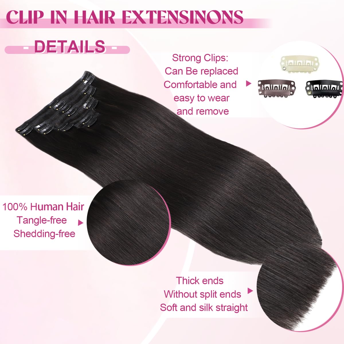 Full 8 piece set breakdown of the 20 inch Remy human hair extensions spread out neatly.