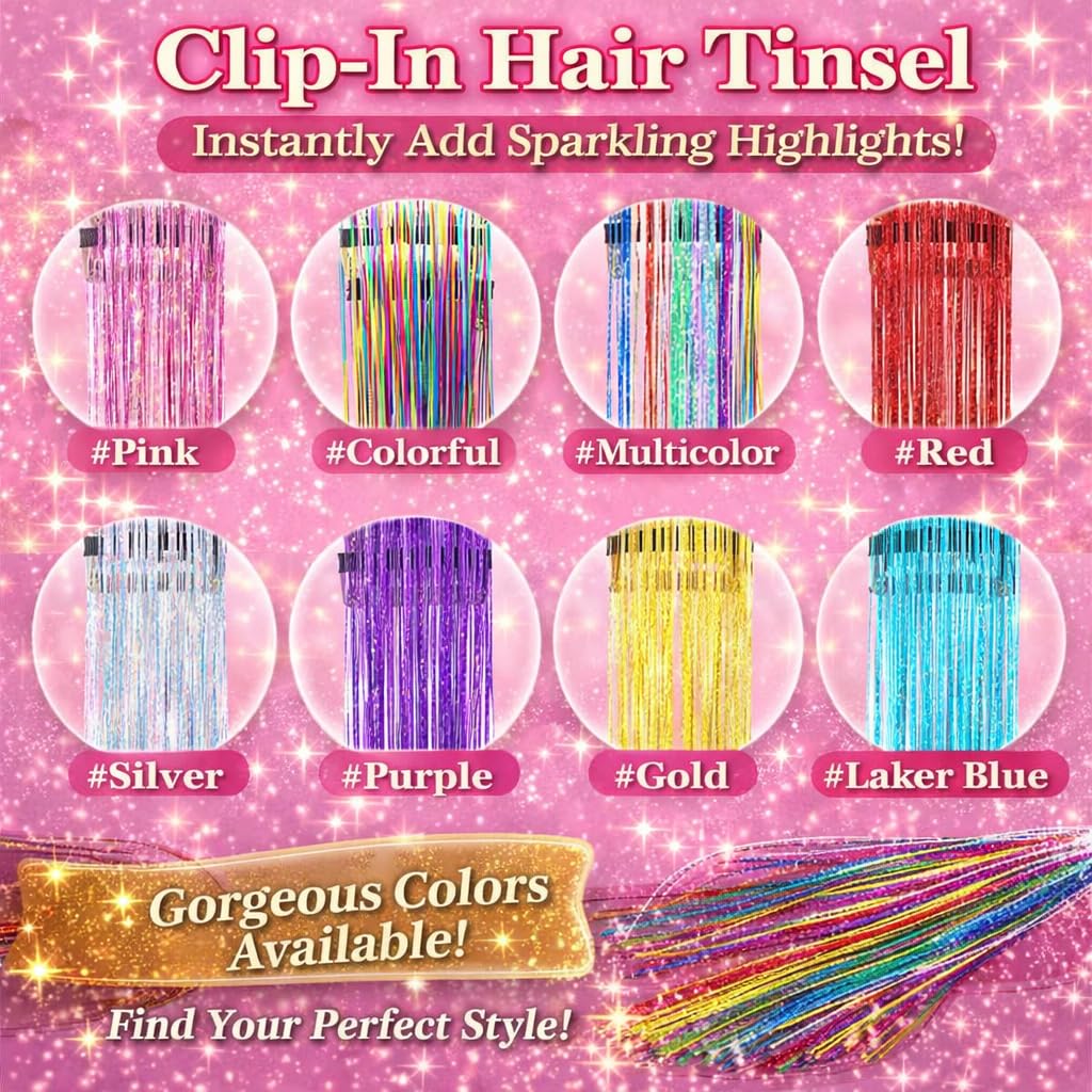 Full product set of twelve pieces of multicolored sparkling hair extensions for women