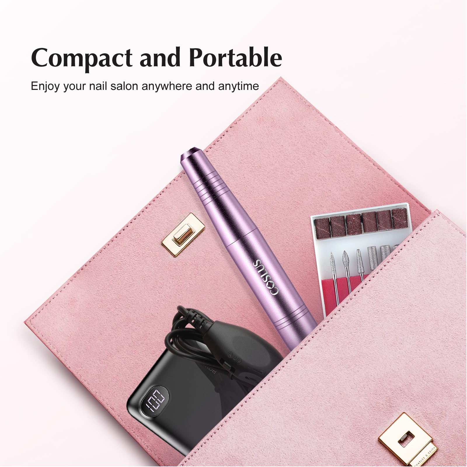 COSLUS pink portable nail drill machine demonstrating low vibration performance during use