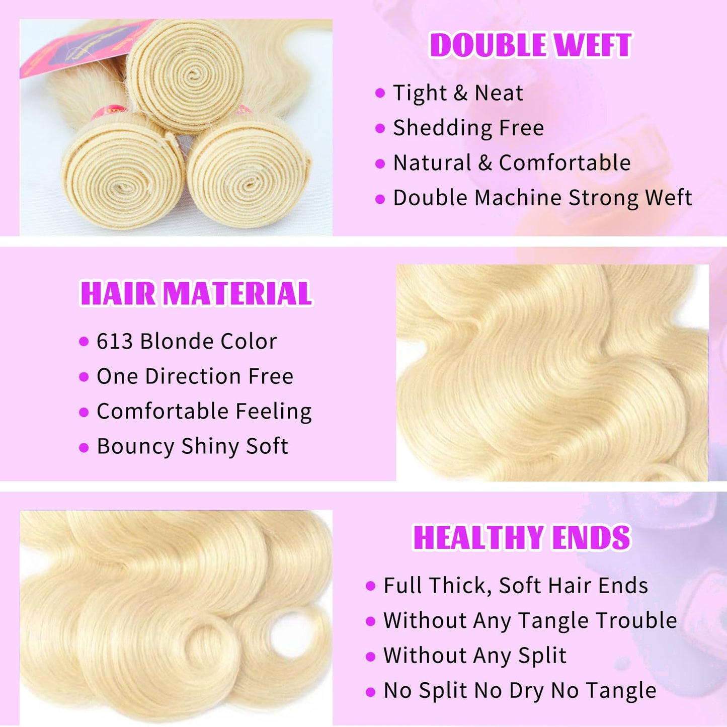 Full length view of the 20 inch blonde body wave extension bundle displaying healthy thick ends.