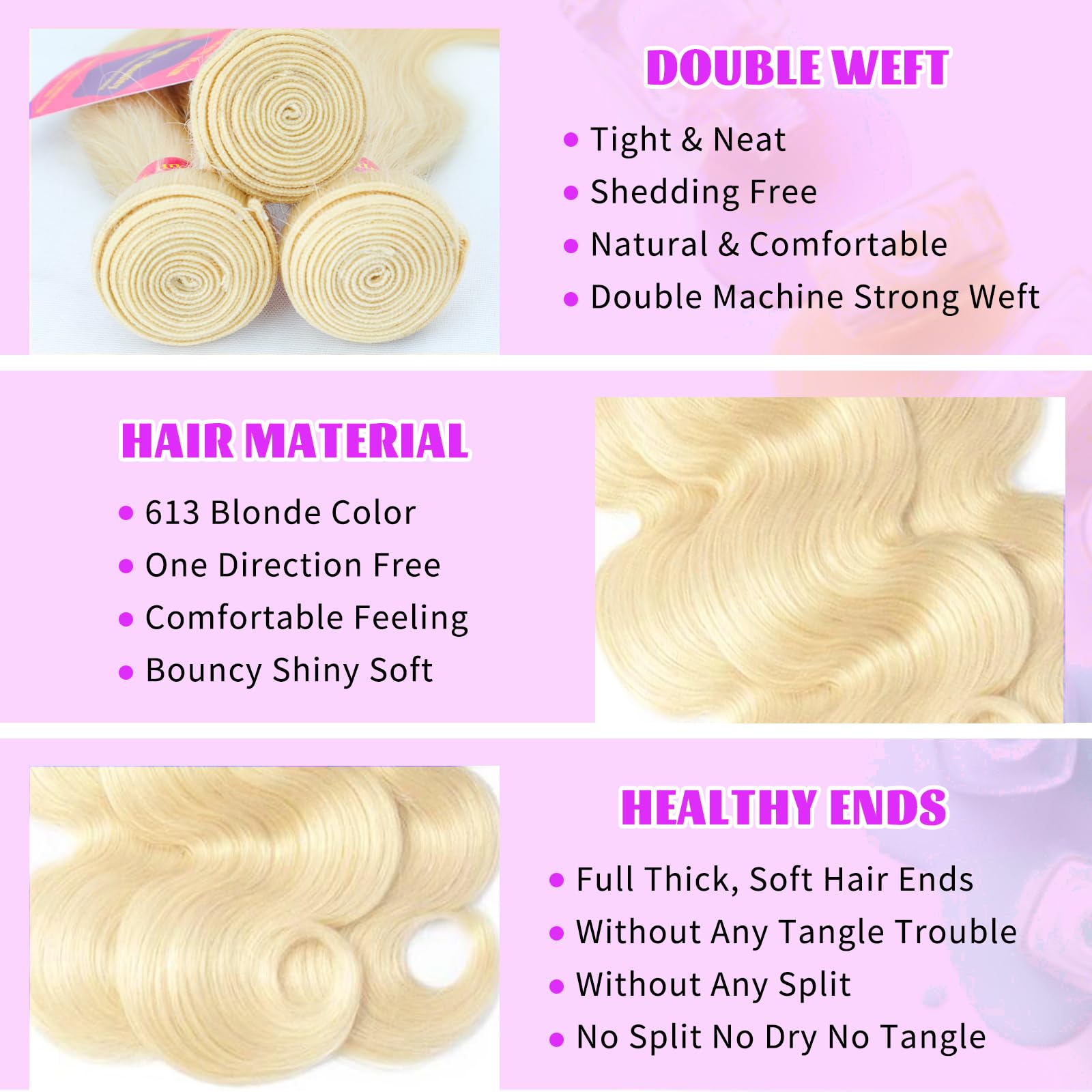 Full length view of the 20 inch blonde body wave extension bundle displaying healthy thick ends.