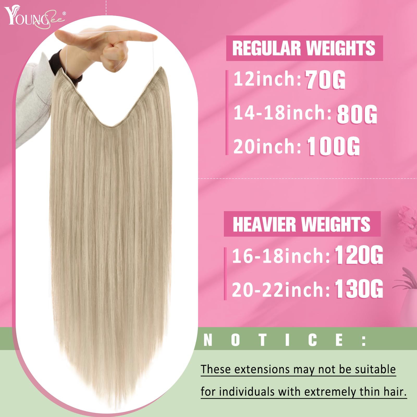 YoungSee halo hair extension back view displaying the seamless 18 inch length on premium human hair