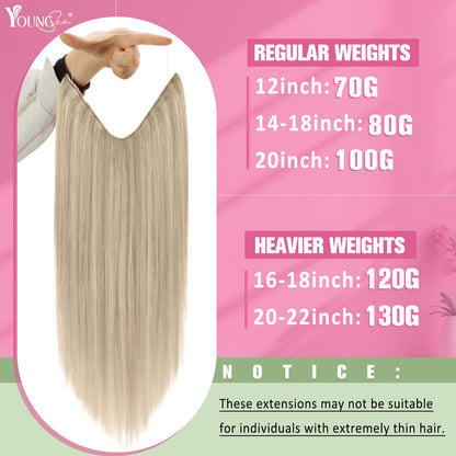 YoungSee halo hair extension back view displaying the seamless 18 inch length on premium human hair