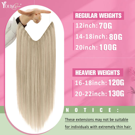 YoungSee halo hair extension back view displaying the seamless 18 inch length on premium human hair