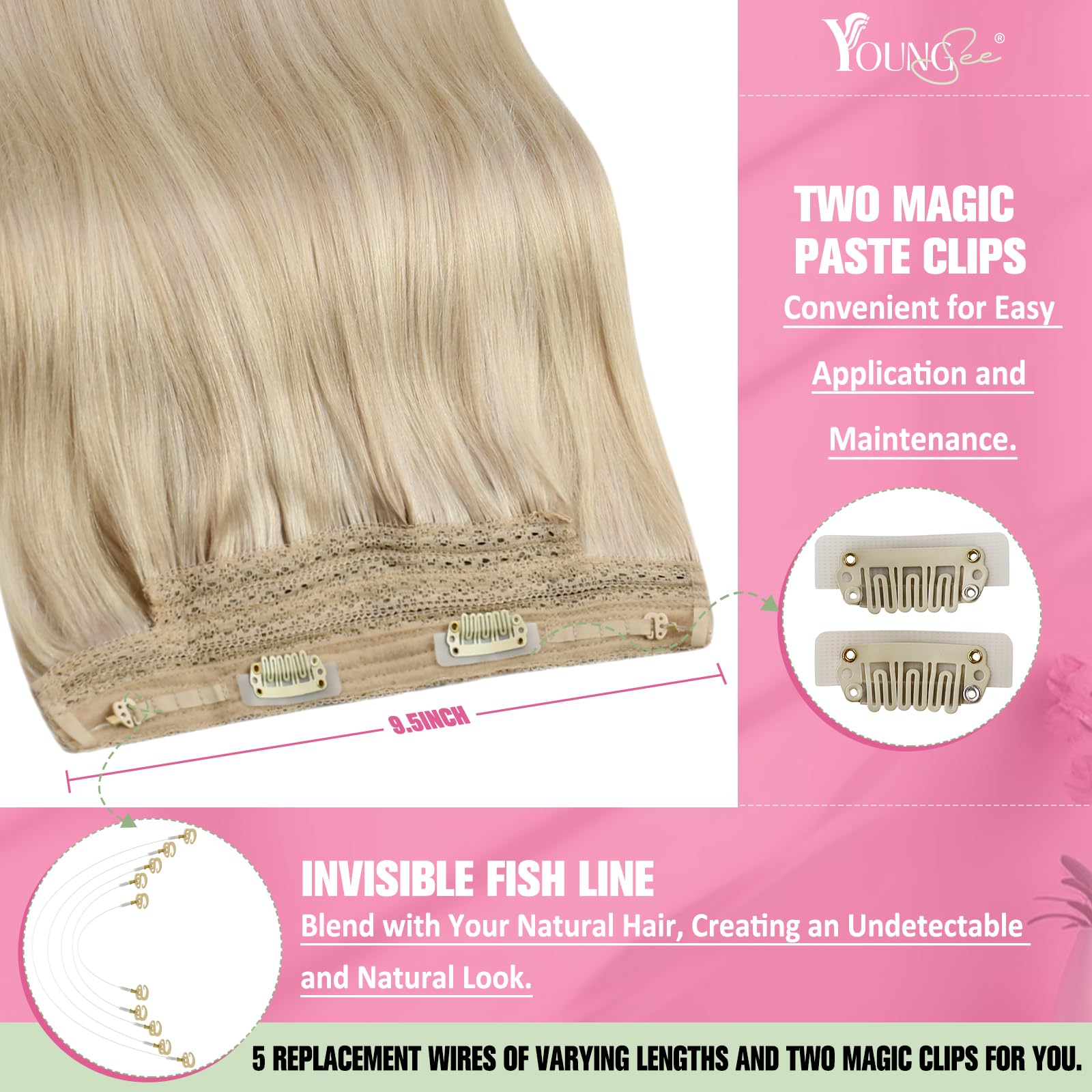 YoungSee secret halo hair extension detail view showcasing the adjustable invisible wire and secure clips