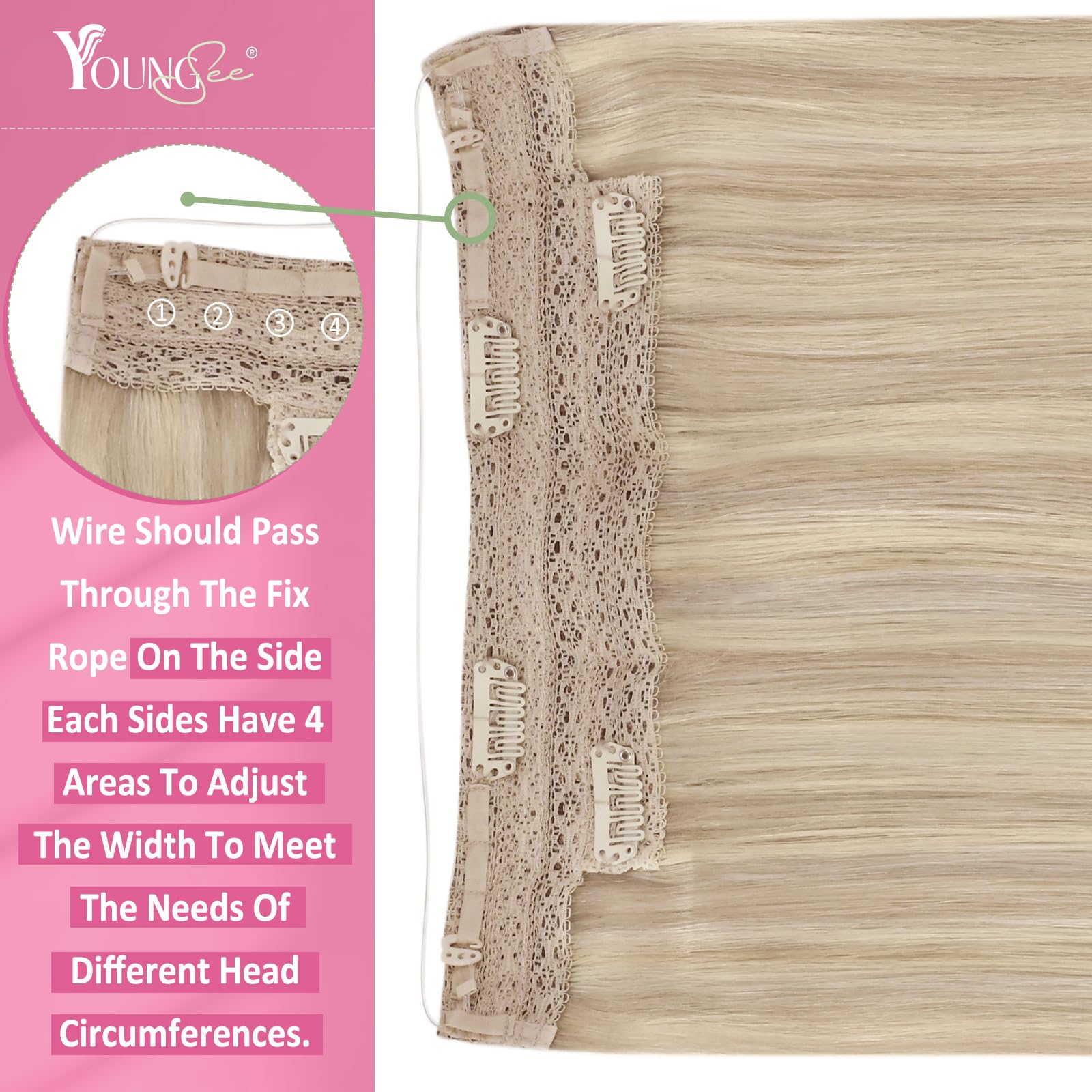 YoungSee bleach blonde hair extension texture view highlighting the soft straight real human hair strands