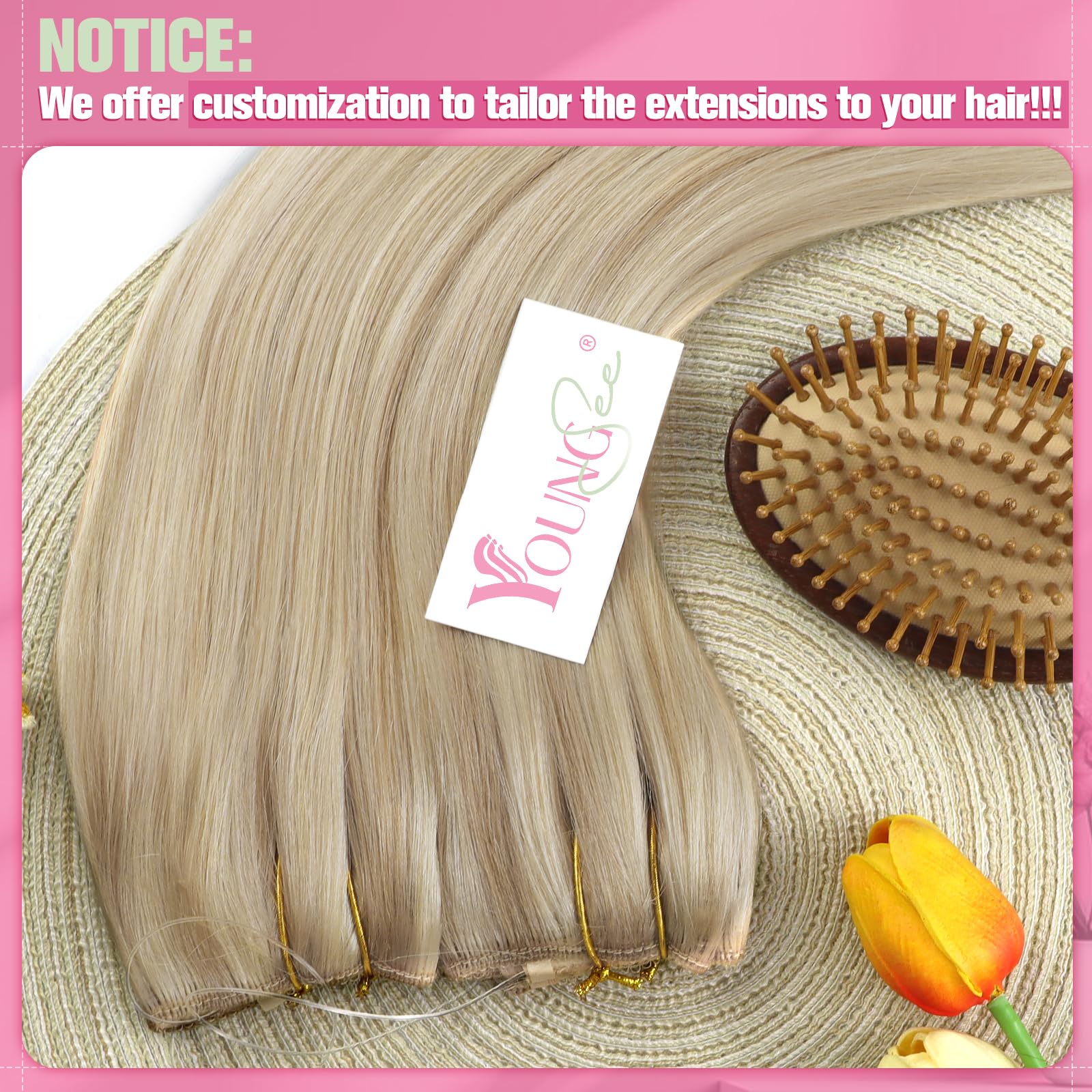 YoungSee dirty blonde highlights hair extension package layout with replacement fish line wire and extra clips