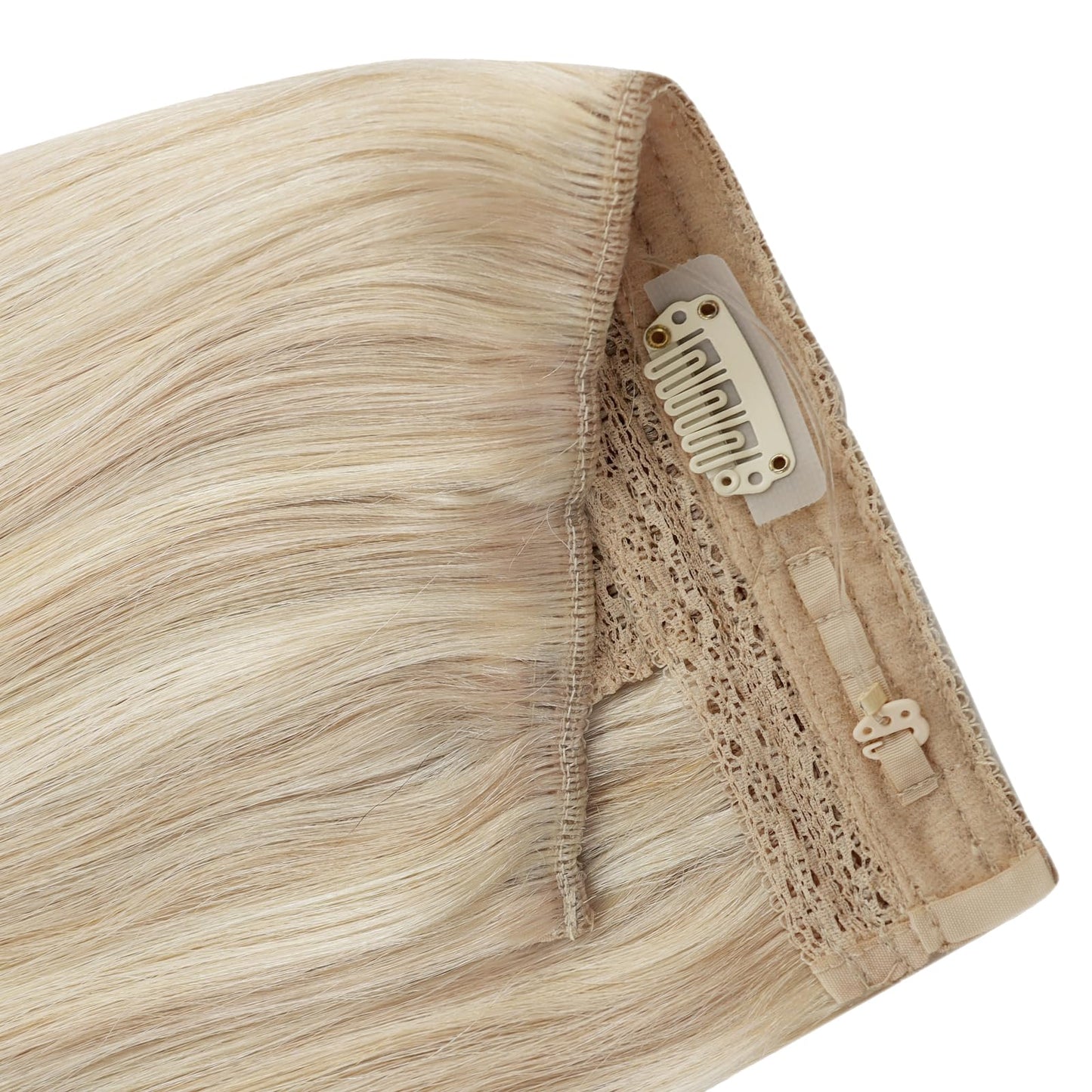 YoungSee invisible wire hair extension close up revealing the multi tonal dirty blonde and bleach blonde shade