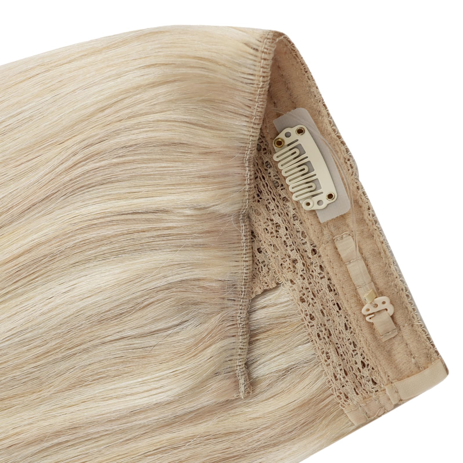 YoungSee invisible wire hair extension close up revealing the multi tonal dirty blonde and bleach blonde shade