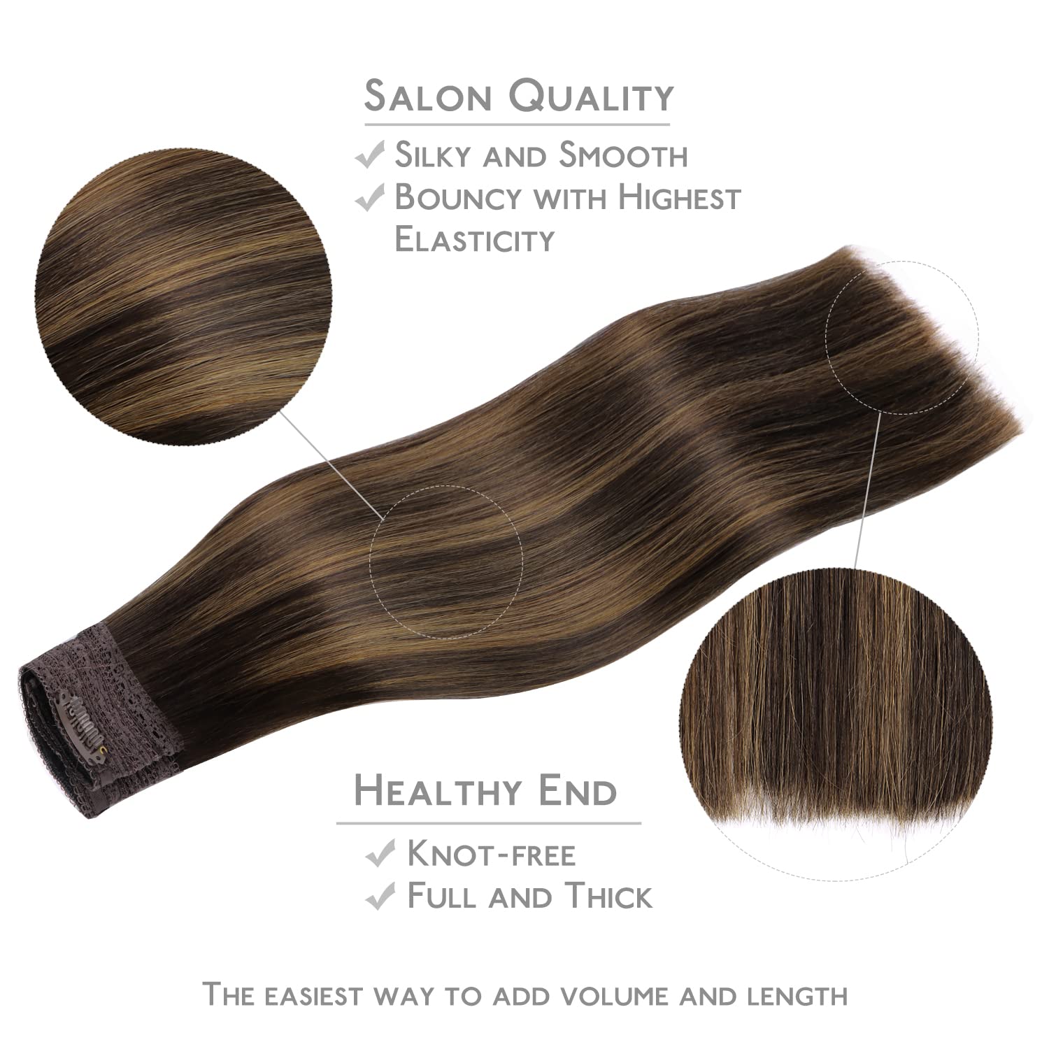 Wennalife real human hair extensions showing the invisible transparent fish line and lace weft
