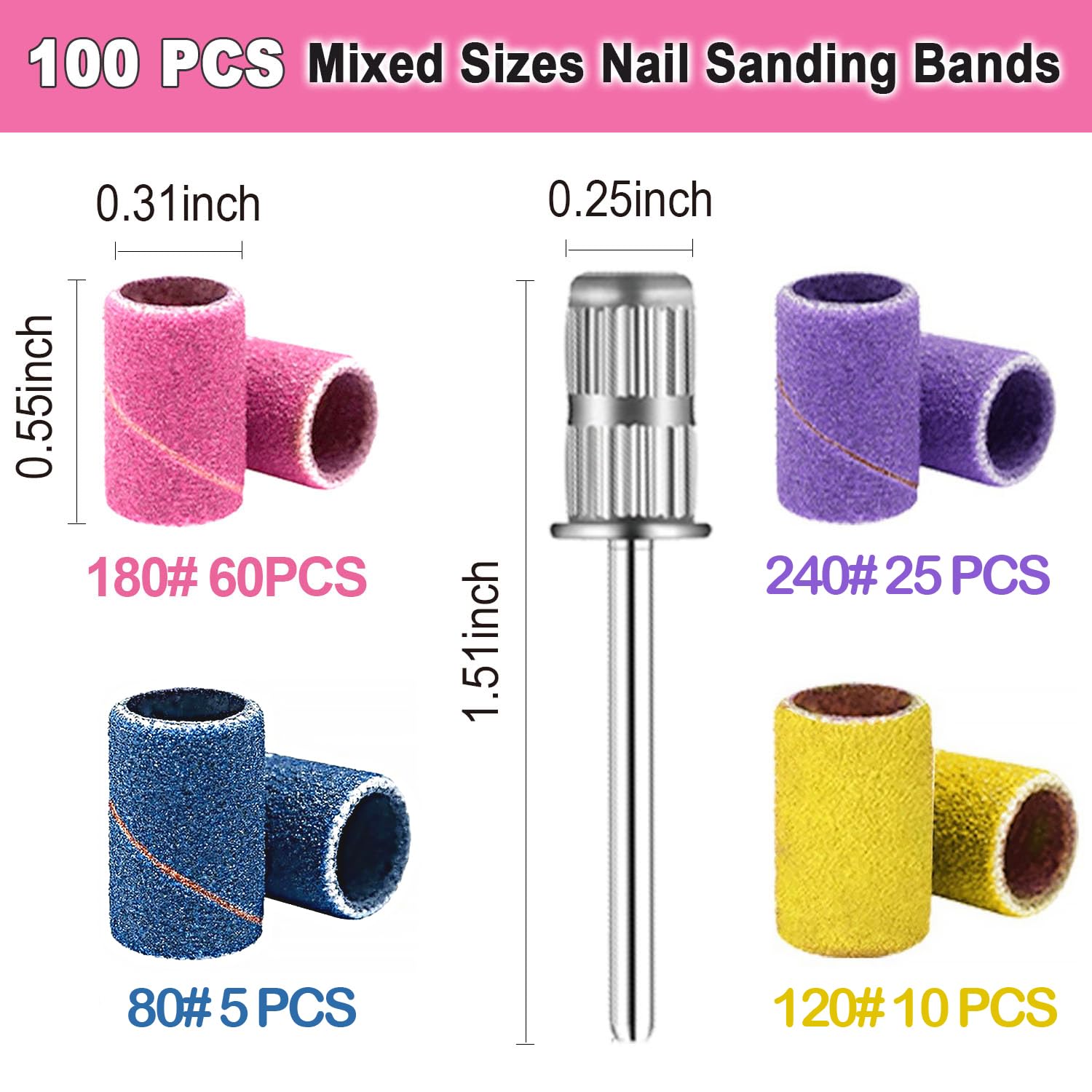 Close up view of fine and coarse grit efile sanding bands for acrylic manicures