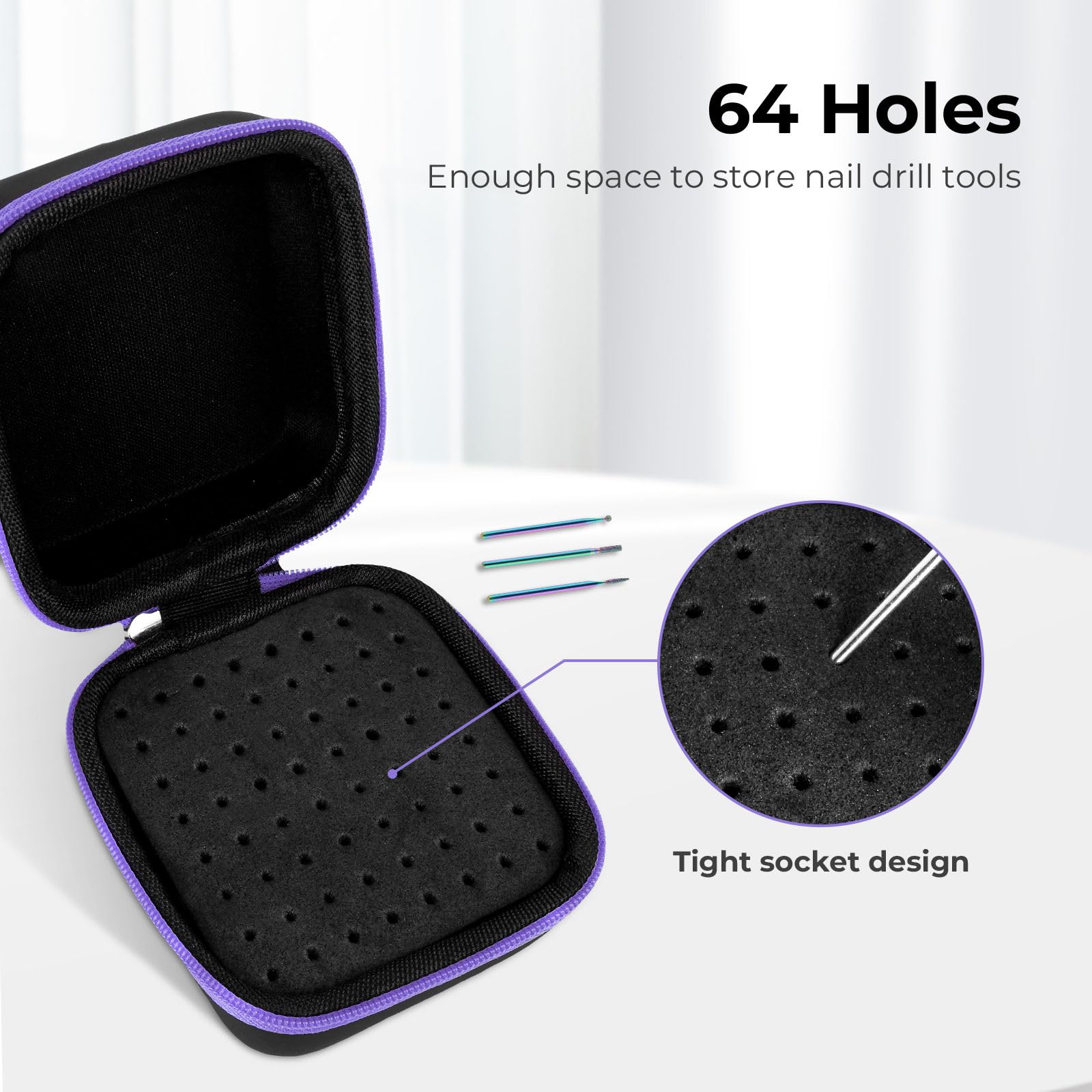 Open view of Lavinda sixty four hole nail bit container revealing high density foam interior slots