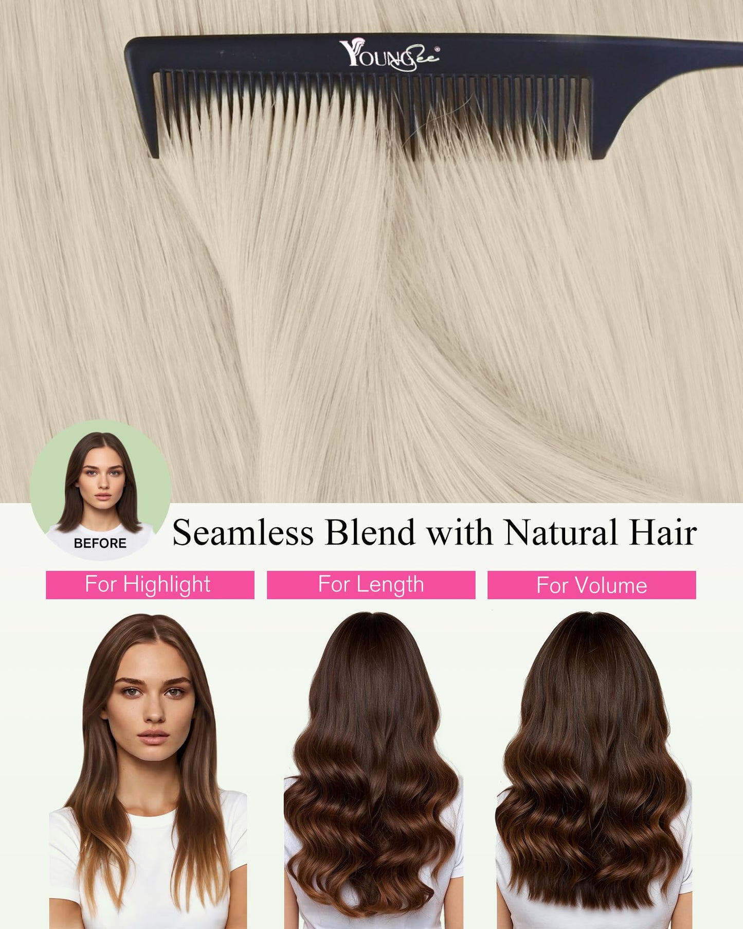 Side angle of the pink YoungSee branded box with platinum blonde invisible extensions.