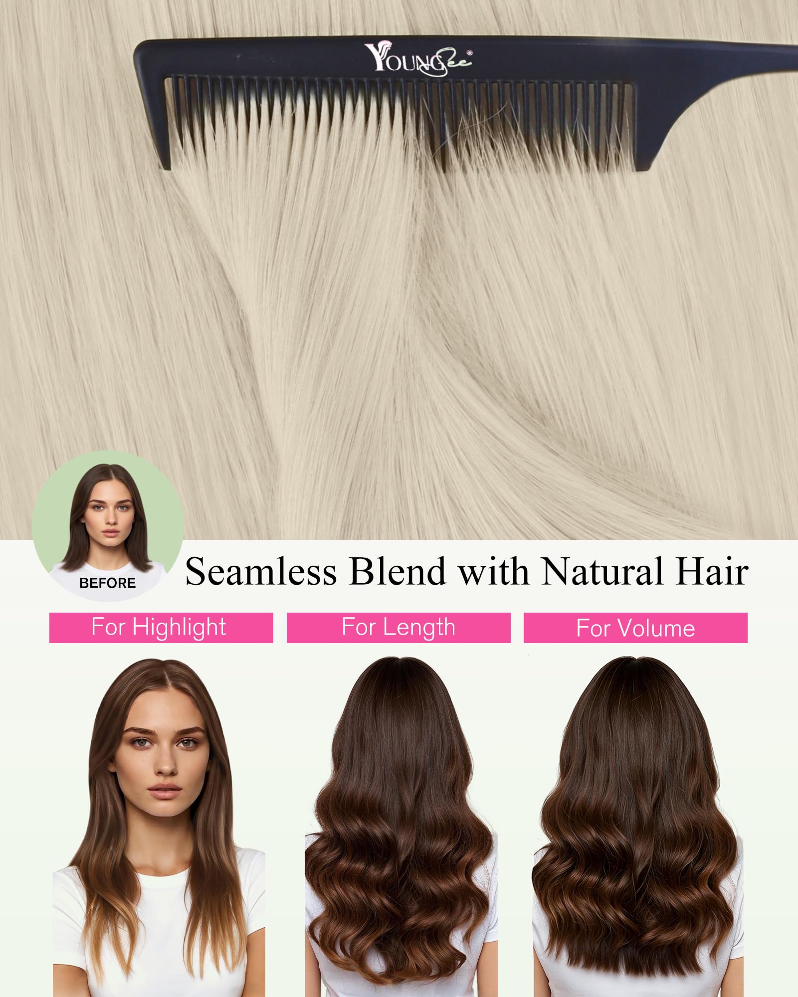 Side angle of the pink YoungSee branded box with platinum blonde invisible extensions.