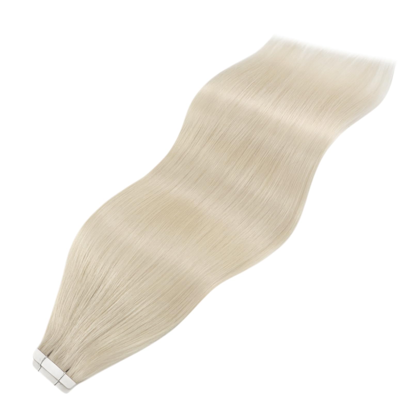 Back view of long twenty-four inch platinum blonde human hair extensions showing natural luster.