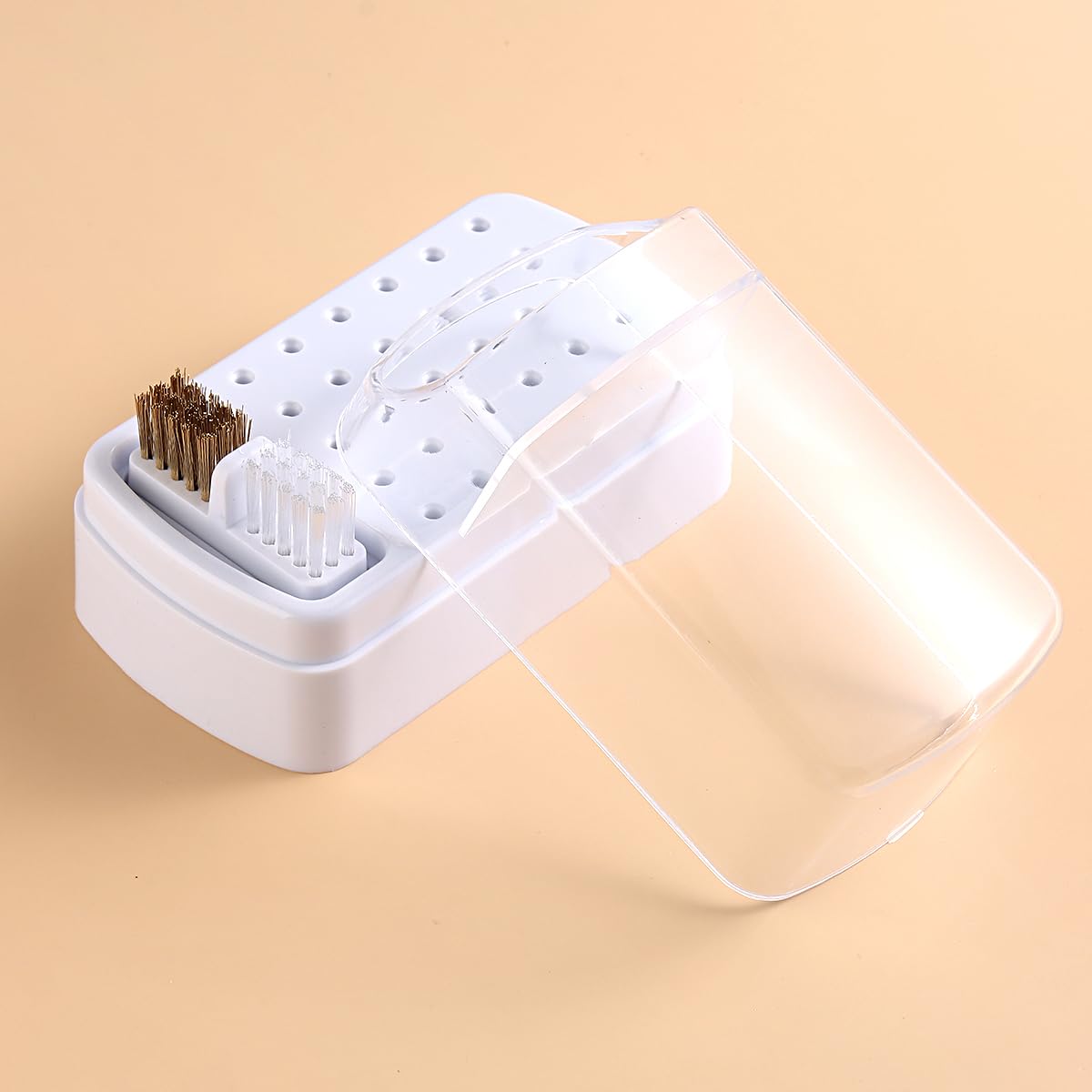 Fcozpjk white acrylic 30 hole drill bit storage container placed on a professional salon workstation