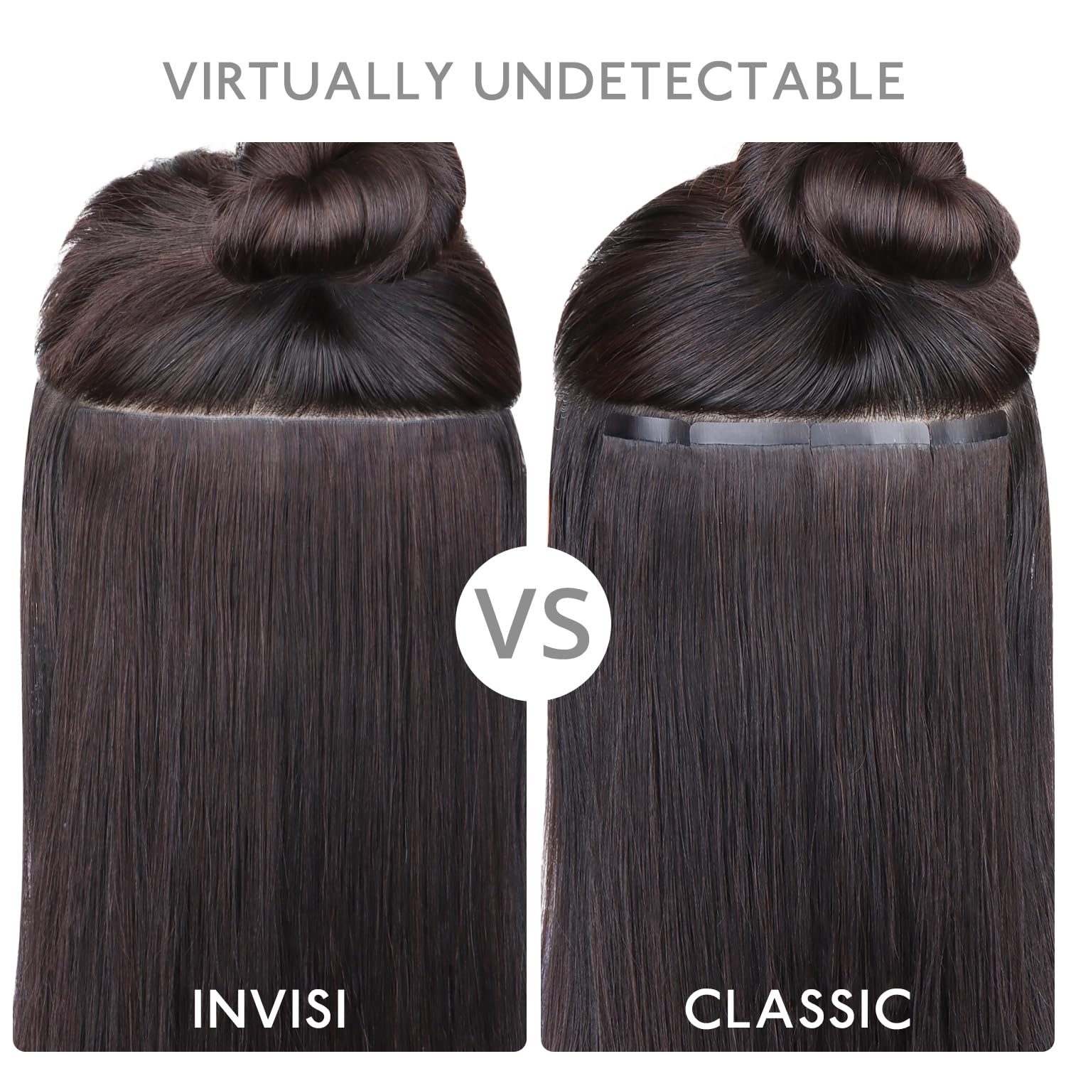 The natural straight hair extensions displayed to showcase the balayage dark brown and chestnut brown color blend.