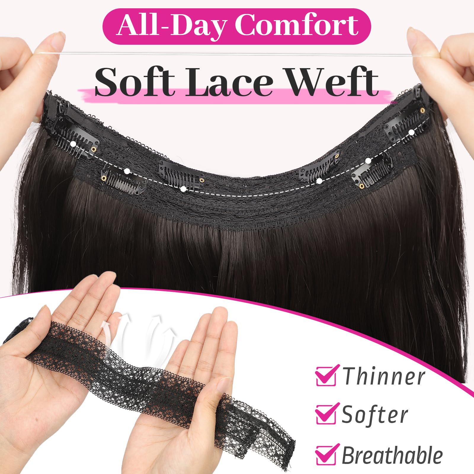 KooKaStyle synthetic hair extensions displaying the adjustable transparent wire mechanism.