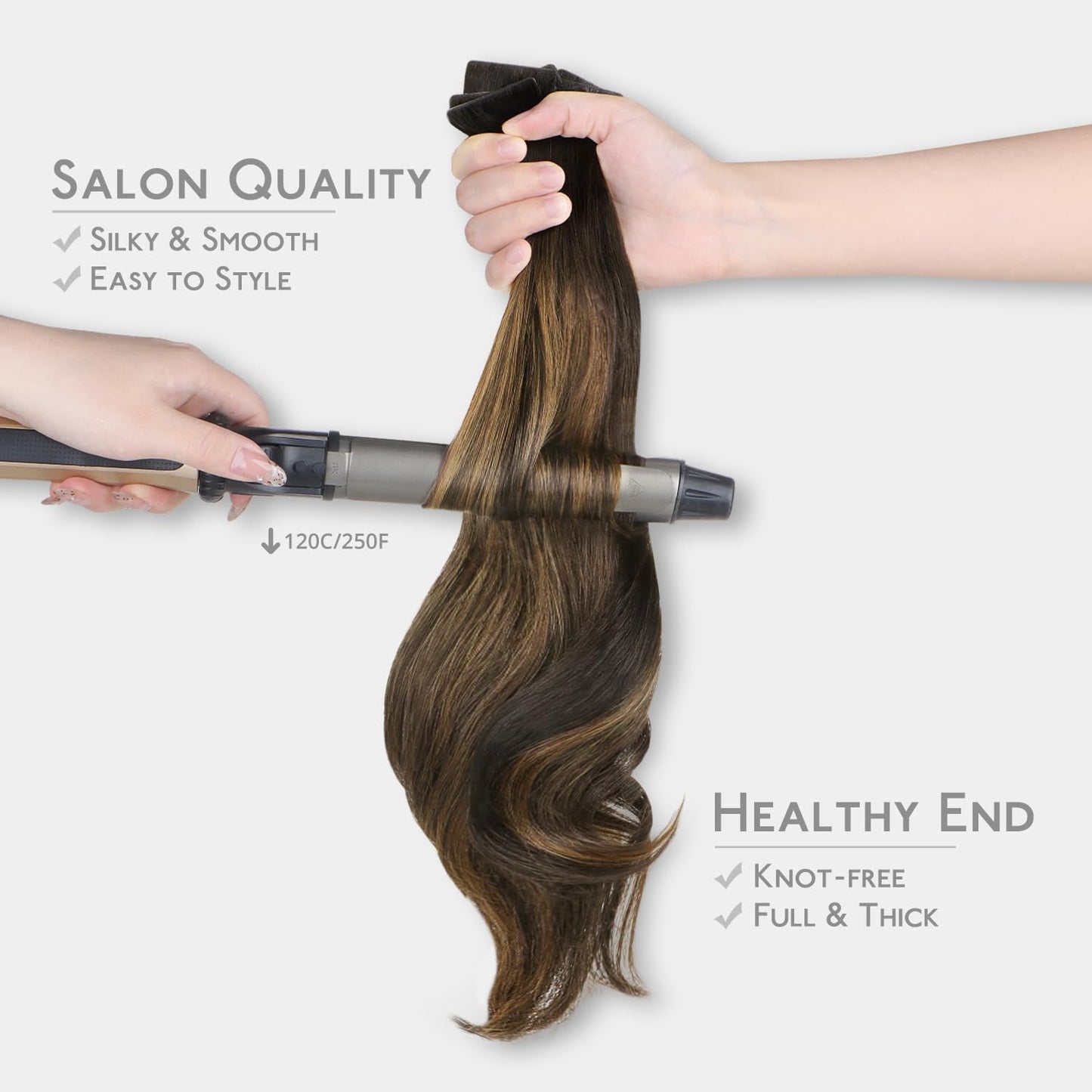 Texture shot demonstrating the softness and shine of the luxury dark brown mixed chestnut brown hair strand.